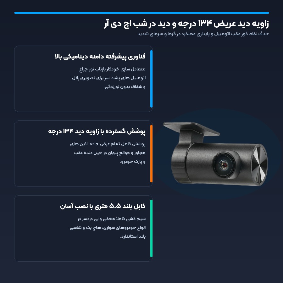 دوربین دید عقب خودرو شیائومی 70mai مدل RC14 5 زاویه دید عریض ۱۳۴ درجه و دید در شب در دوربین عقب خودرو 70mai RC14