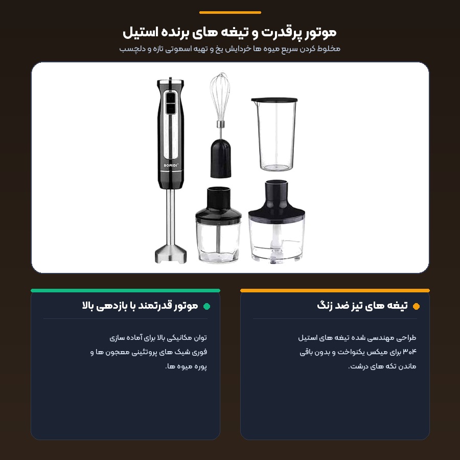 اینفوگرافیک تیغه های تیز استیل ضد زنگ و قدرت خردایش یخ در مخلوط کن شخصی بومیدی HB1201