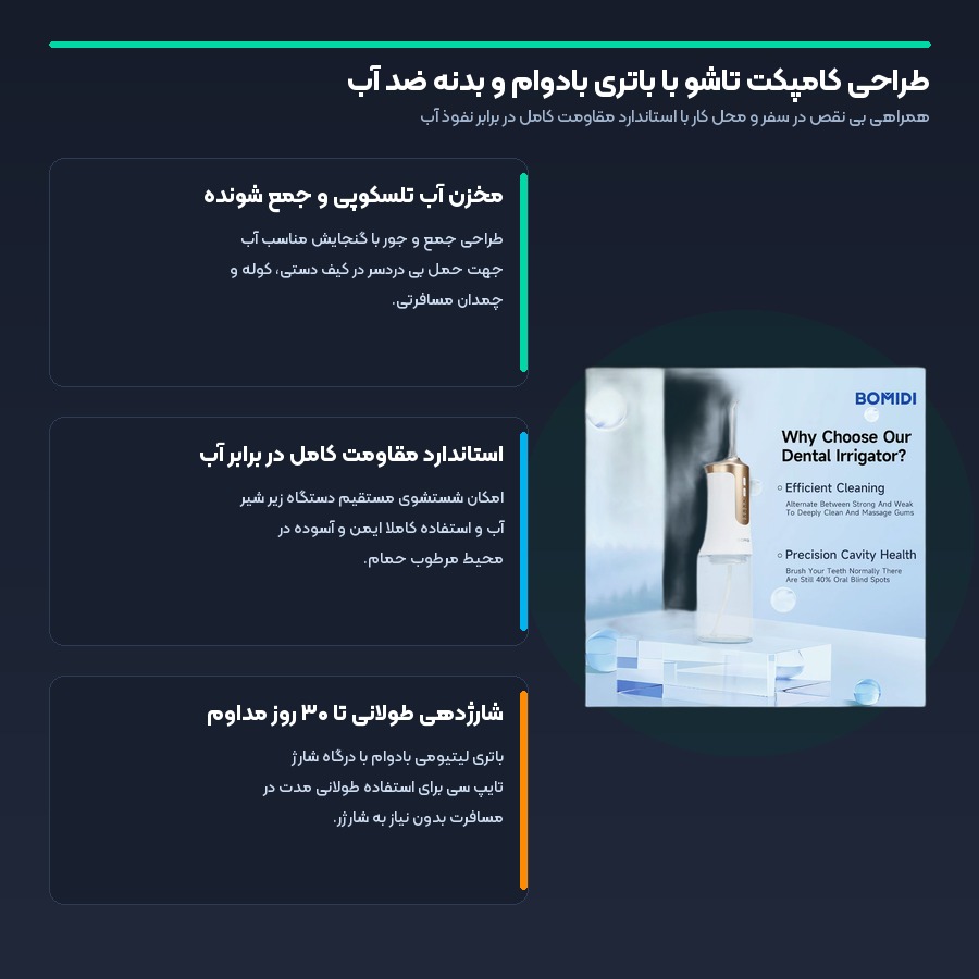 طراحی کامپکت تاشو با باتری بادوام در واترجت دهان و دندان بومیدی