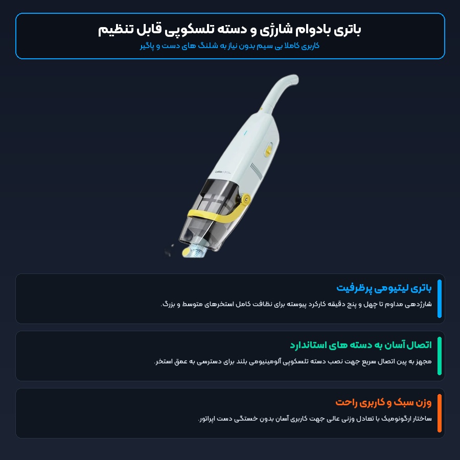 جارو شارژی استخر شیائومی لیدستو Lydsto مدل S1 3 باتری شارژی و قابلیت اتصال میله تلسکوپی جاروی استخر لیدستو S1