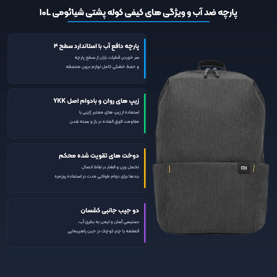 کوله پشتی سبک ضد آب ۱۰ لیتری شیائومی Xiaomi مدل Mi Small Backpack 10L 4 پارچه ضد آب گرید ۴ و مقاومت در برابر پاشش باران کوله پشتی شیائومی