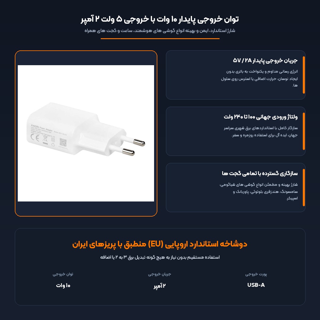 توان خروجی ۱۰ وات ۵ ولت ۲ آمپر پایدار شارژر دیواری شیائومی