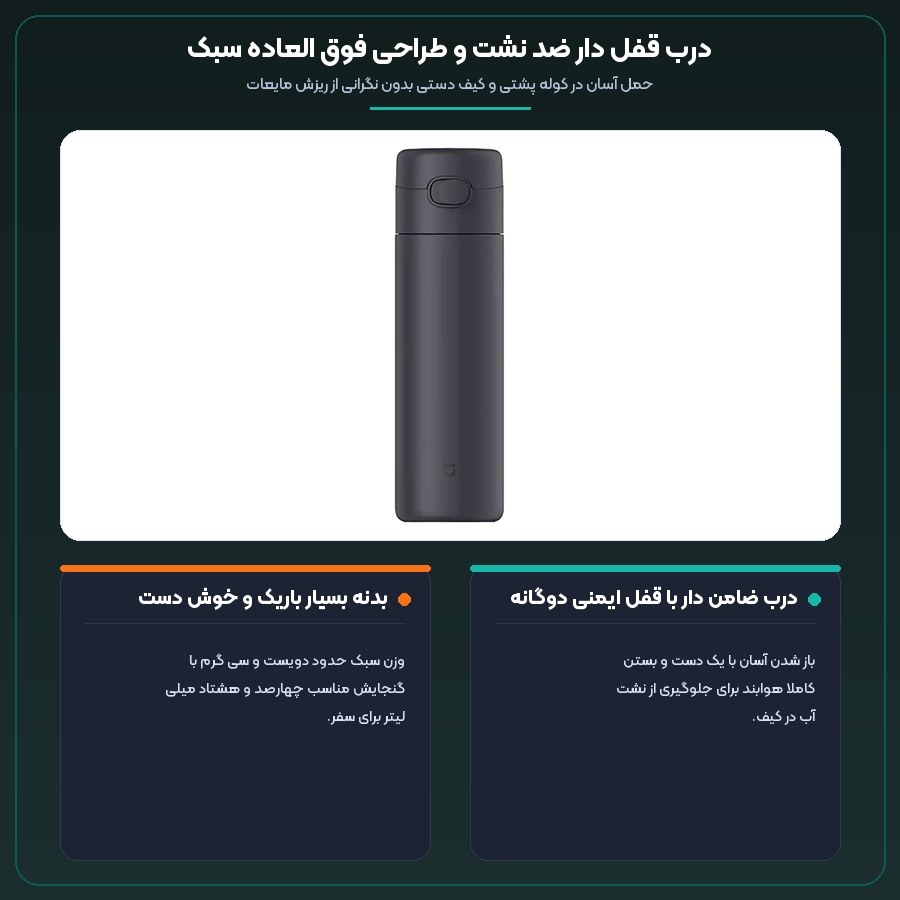 اینفوگرافیک درب ضامن دار هوابند و قابلیت حمل راحت فلاسک مسافرتی شیائومی میجیا MJTGB02PL