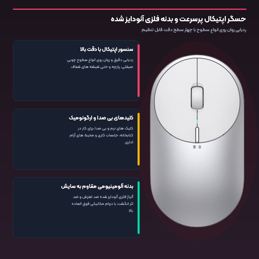 ماوس بی سیم شیائومی Xiaomi مدل Portable Mouse 2 BXSBMW02 5 حسگر اپتیکال ۴۰۰۰ دی پی آی ماوس بی سیم شیائومی BXSBMW02