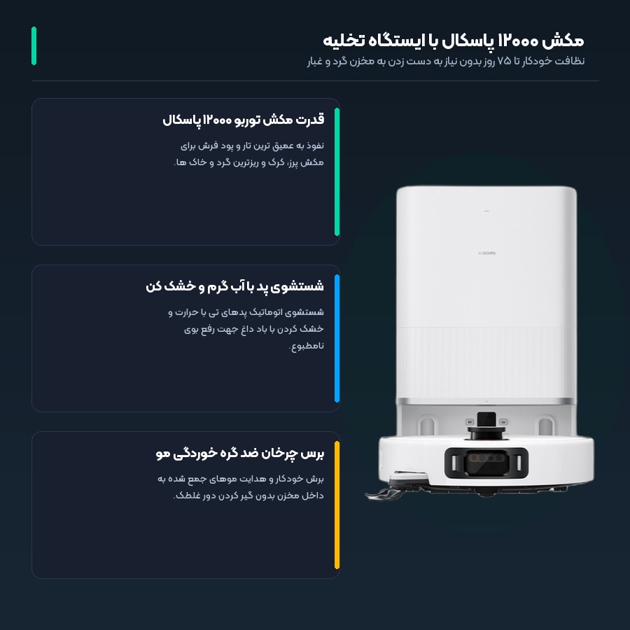 جارو رباتیک شیائومی Xiaomi مدل Robot Vacuum 5 Pro 4 مکش ۱۲۰۰۰ پاسکال با ایستگاه تخلیه در جارو رباتیک شیائومی مدل ۵ پرو