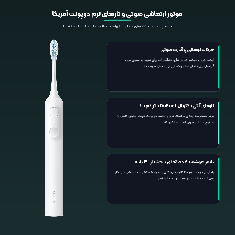 مسواک برقی صوتی شیائومی Xiaomi مدل MES609 5 اینفوگرافیک موتور ارتعاشی صوتی و تارهای دوپونت مسواک برقی شیائومی MES609