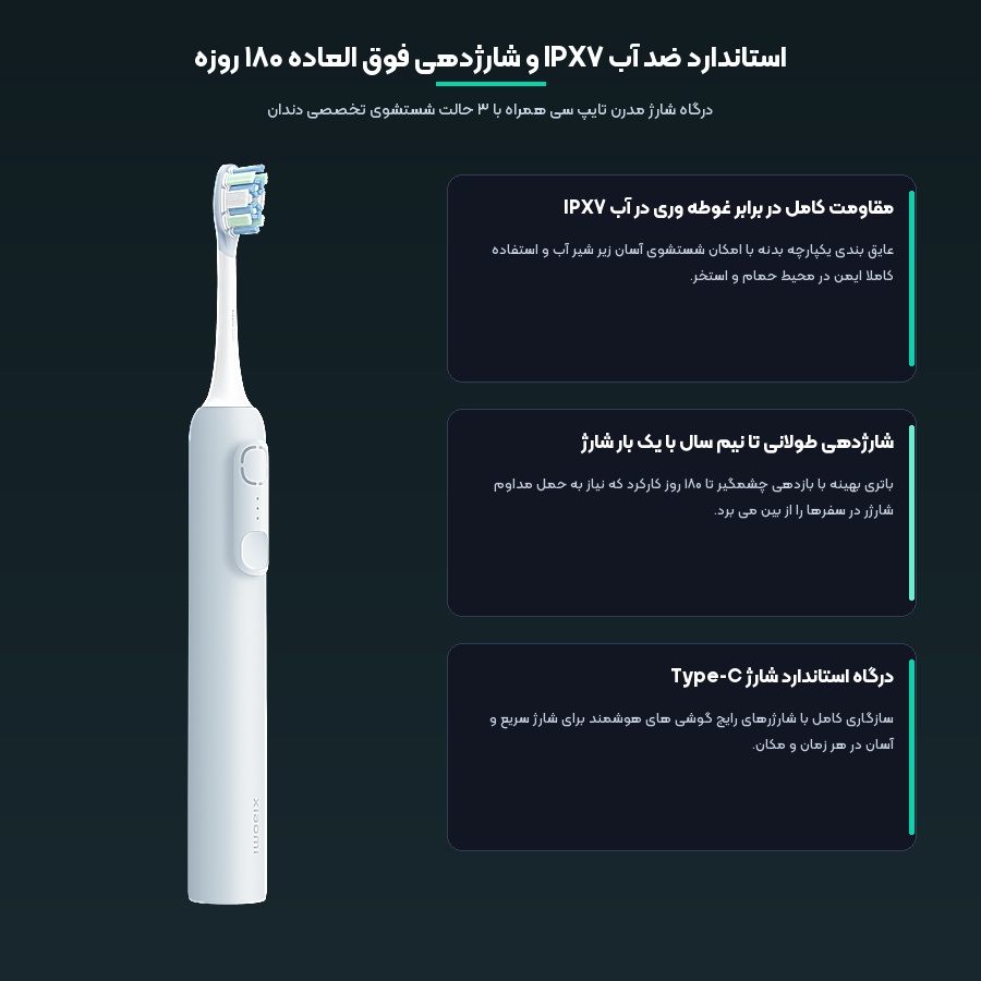 مسواک برقی صوتی شیائومی Xiaomi مدل MES609 6 اینفوگرافیک استاندارد ضد آب IPX7 و شارژدهی ۱۸۰ روزه مسواک برقی شیائومی MES609
