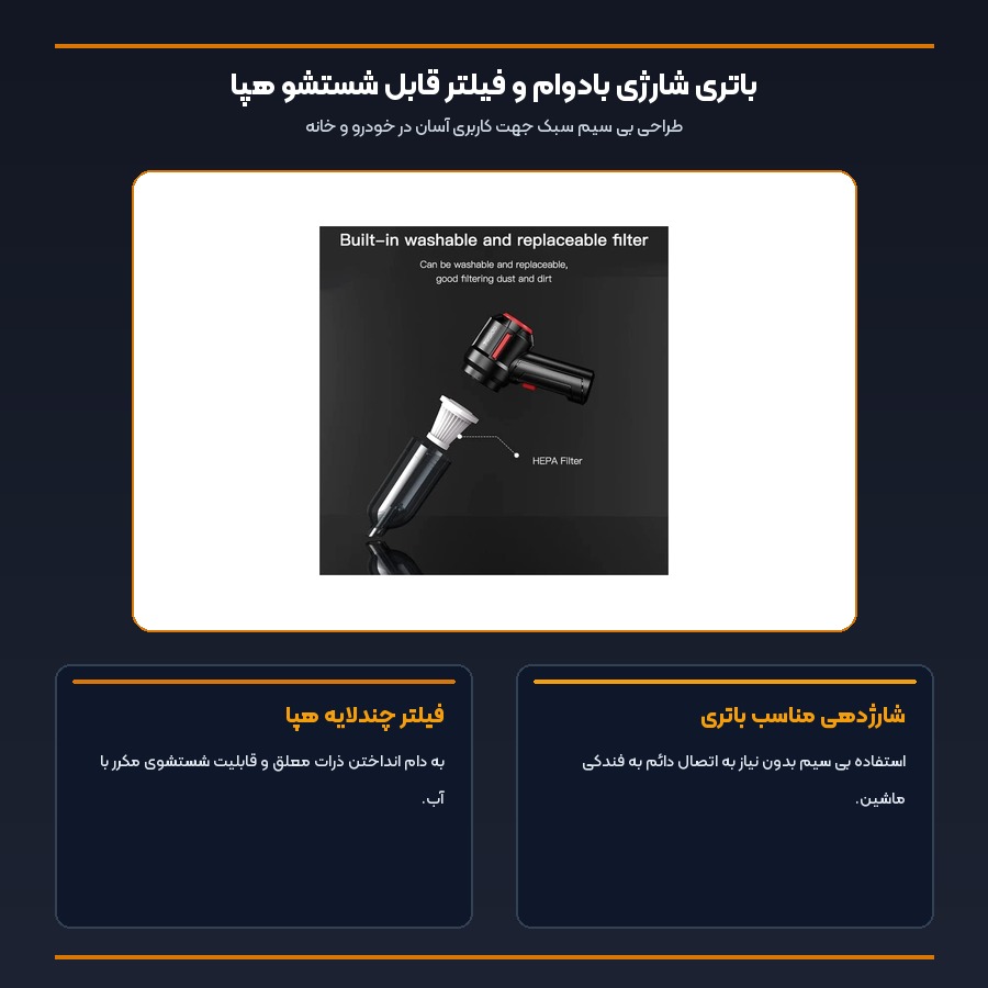 جارو شارژی و دمنده خودرو یسیدو Yesido مدل VC03 5 اینفوگرافیک باتری قابل شارژ و فیلتر هپا جارو شارژی یسیدو VC03
