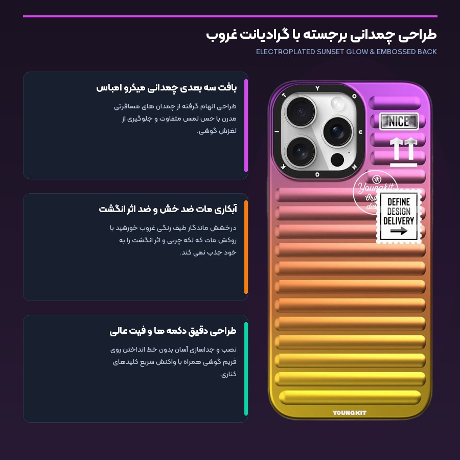 قاب محافظ ضد ضربه آیفون ۱۶ پرو یانگ کیت YoungKit مدل Sunset Red Glow Luggage 5 طراحی سه بعدی و آبکاری مات قاب چمدانی یانگ کیت مدل Sunset Red Glow