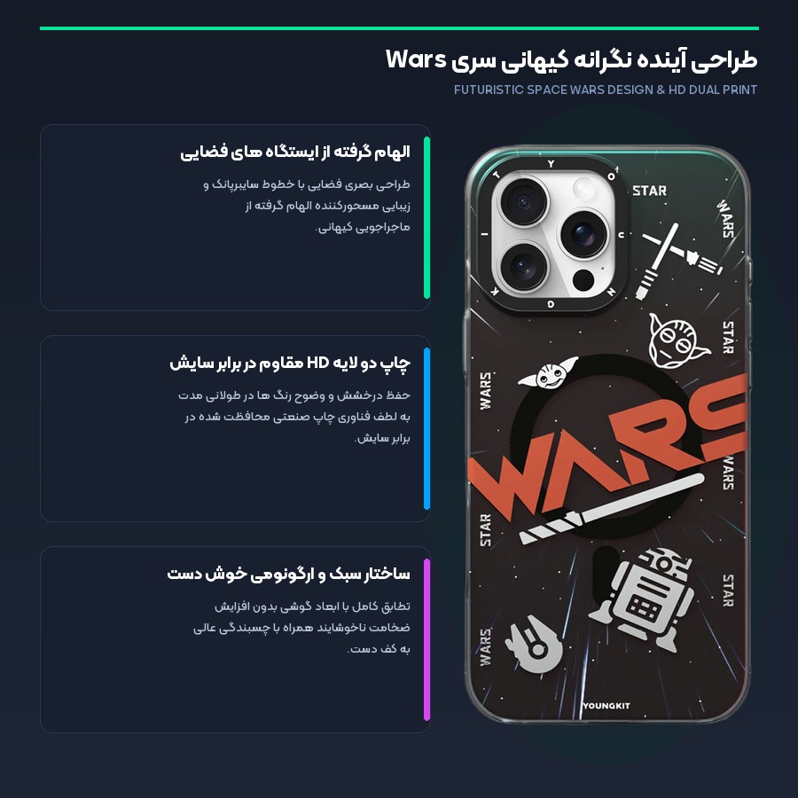قاب محافظ ضد ضربه آیفون ۱۶ پرو مکس یانگ کیت YoungKit مدل Wars 5 طراحی بصری کیهانی و سایبرپانک با چاپ دو لایه HD قاب یانگ کیت آیفون ۱۶ پرو مکس طرح Wars